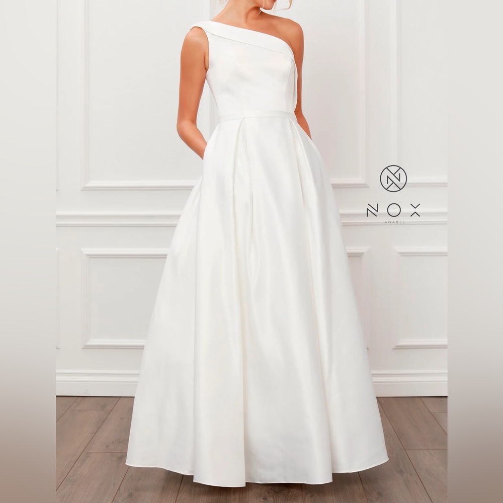 White floor length one shoulder dress